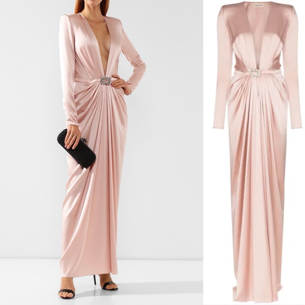 ALEXANDRE VAUTHIER Ruched Crystal Embellished Silk Maxi Dress in Blush Sz 4 US